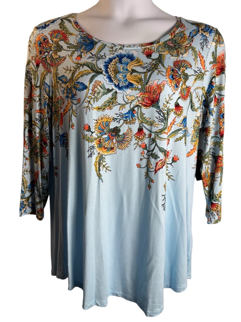 JM Collection Womens Plus 1X Blue Floral Soft 3/4 Sleeve Pullover Top NWT